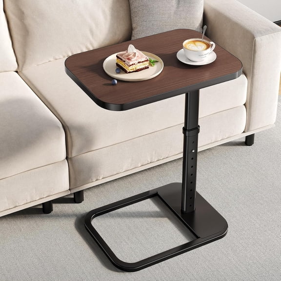 Espresso TV Tray Table with 9-Level Adjustable Height, Lockable Flip-Top & Rounded Metal Corners, C Shaped Sofa Side End Table for Couch, Bed, Chair, Living Room, Snack Table for Eating, Dinner
