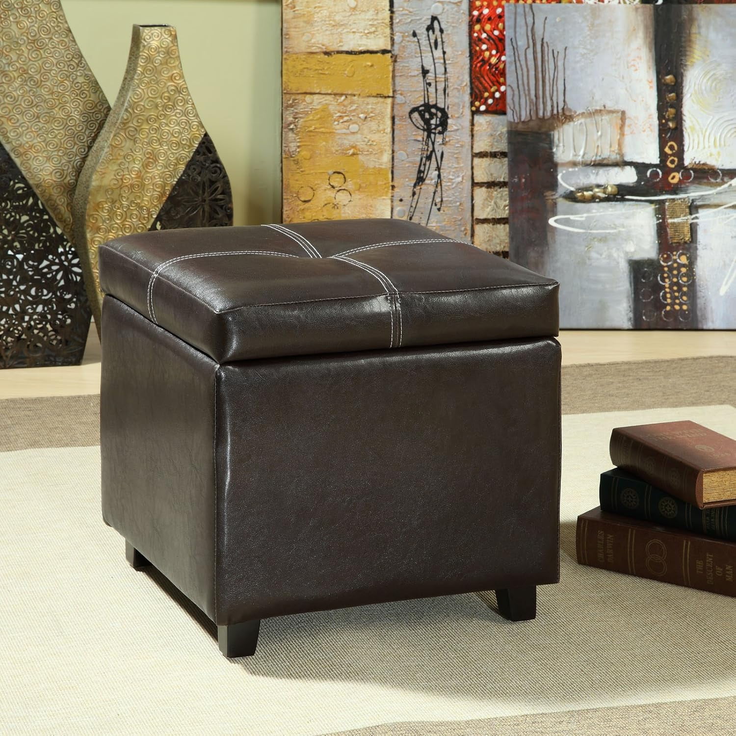 Pandora 18'' Dark Brown Full Leather Storage Cube Ottoman