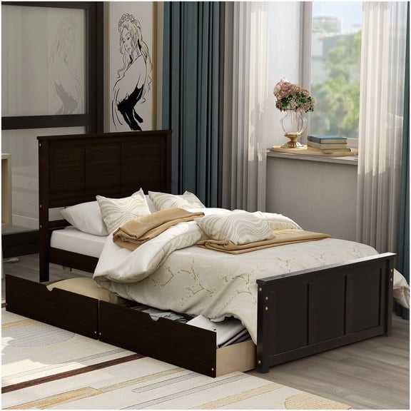 Espresso Twin Bed Frame with 2 Roller Storage Drawers, Low Profile Platform Bed with No Box Spring Needed