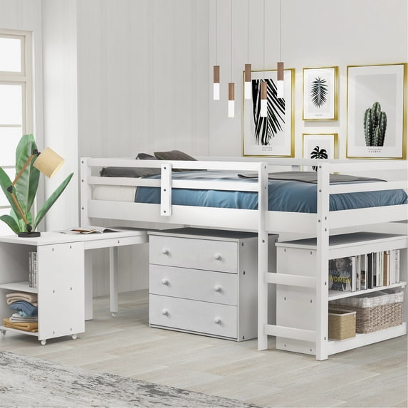 Espresso Twin Loft Bed with Rolling Portable Desk / Offer Extra Workspace in Bedroom