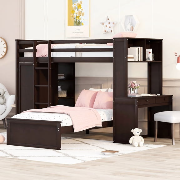 Espresso Twin Loft Bed with Wardrobe for Hanging Clothes / Solve Clothing Storage Problem
