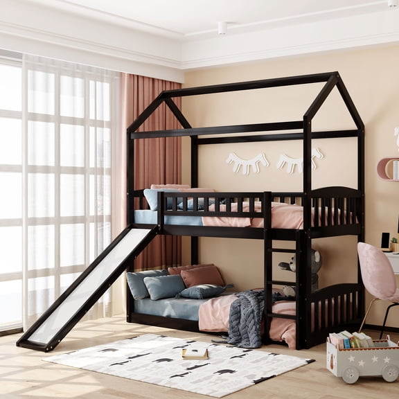 Espresso Twin Over Twin House Bunk Bed with Slide
