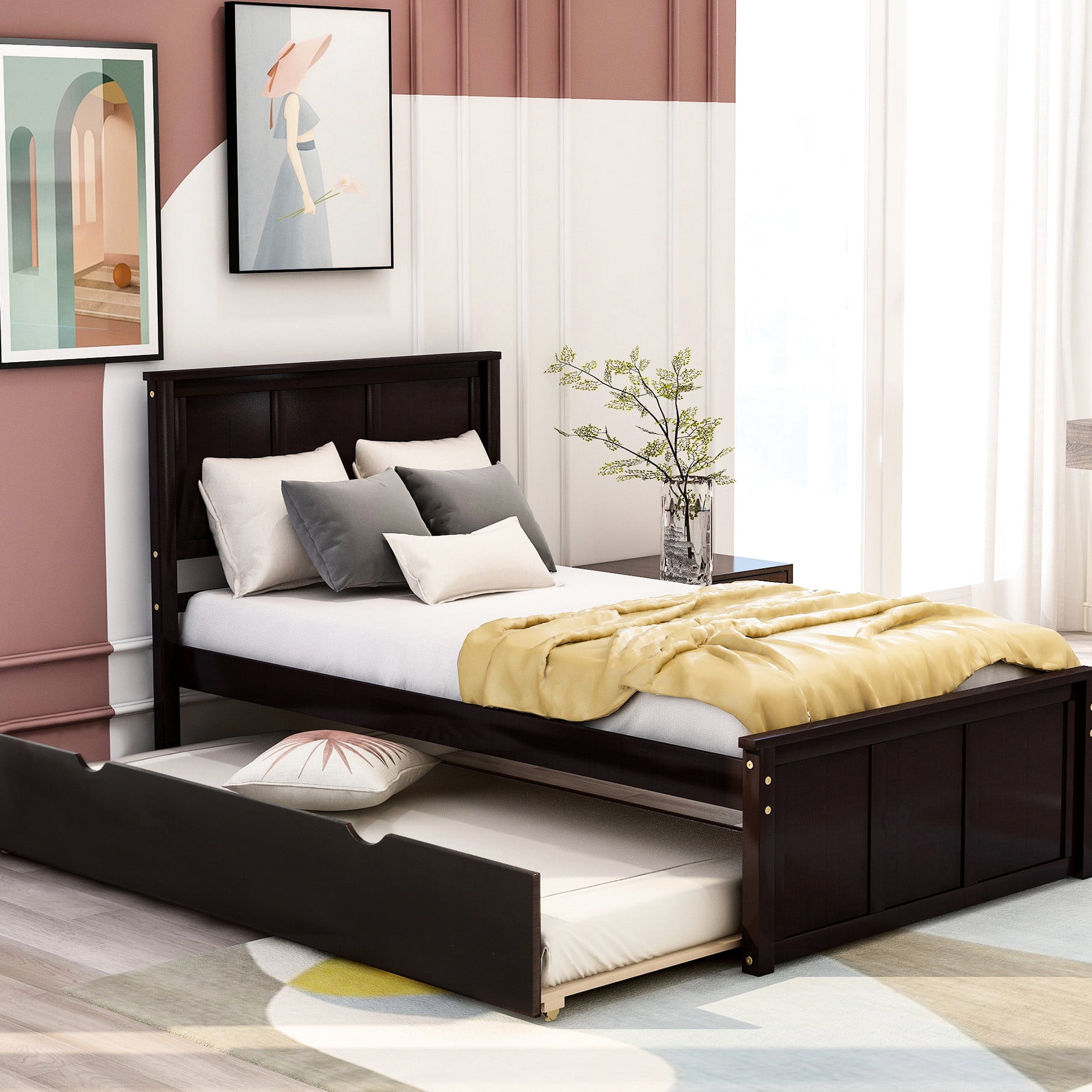 Espresso Twin Platform Bed, Trundle with Smooth - Rolling Wheels ...