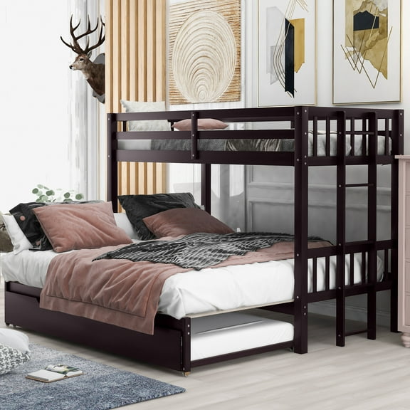 Espresso Twin over Pull-out Bunk Bed with Trundle | Space-Saving Wood Frame with Guardrails & Ladder | Sleeps 4 | 78.9"L x 116"W x 59.6"H | Easy Assembly