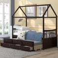 thumbnail image 1 of Espresso Twin Size Wooden House Bed with Trundle and 3 Storage Drawers, 1 of 8