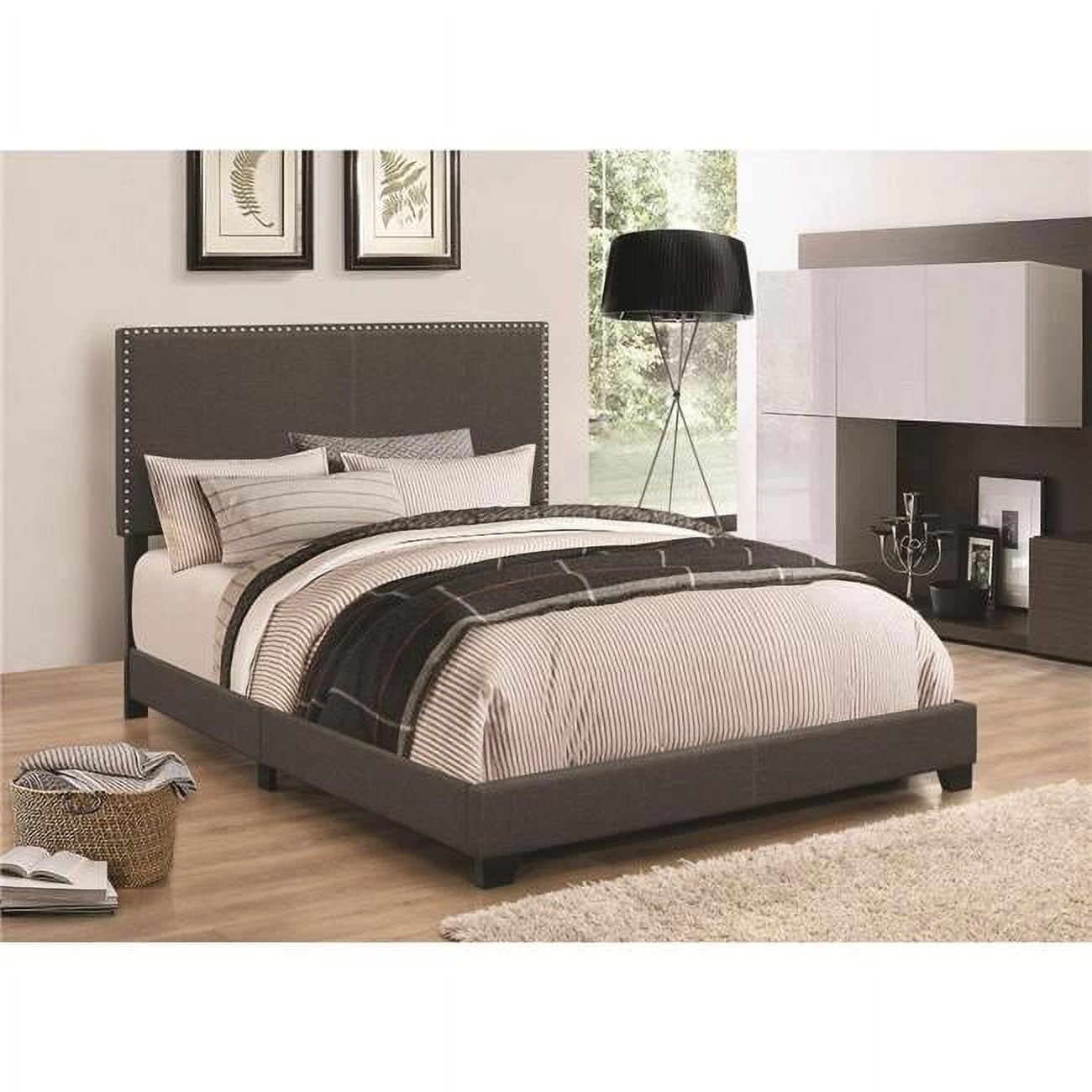 Espresso Chic Full/Double Wood Frame Upholstered Bed with Nailhead Trim