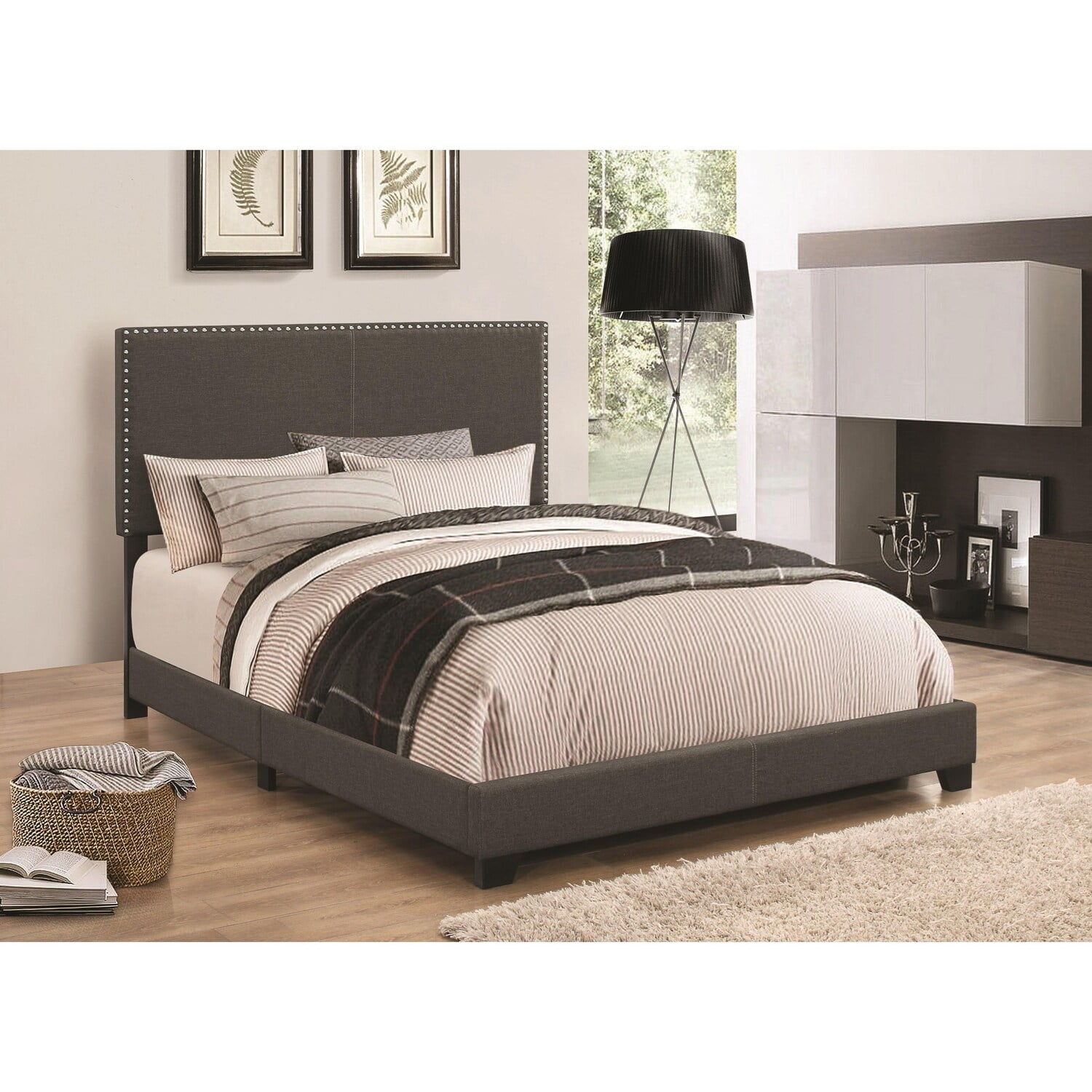 Espresso Chic Full/Double Wood Frame Upholstered Bed with Nailhead Trim
