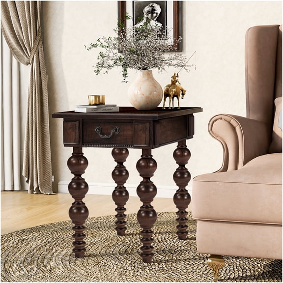 Espresso Vintage End Table with Drawer, Rubber Wood Sofa Side Table, Antique Design Living Room Accent Table