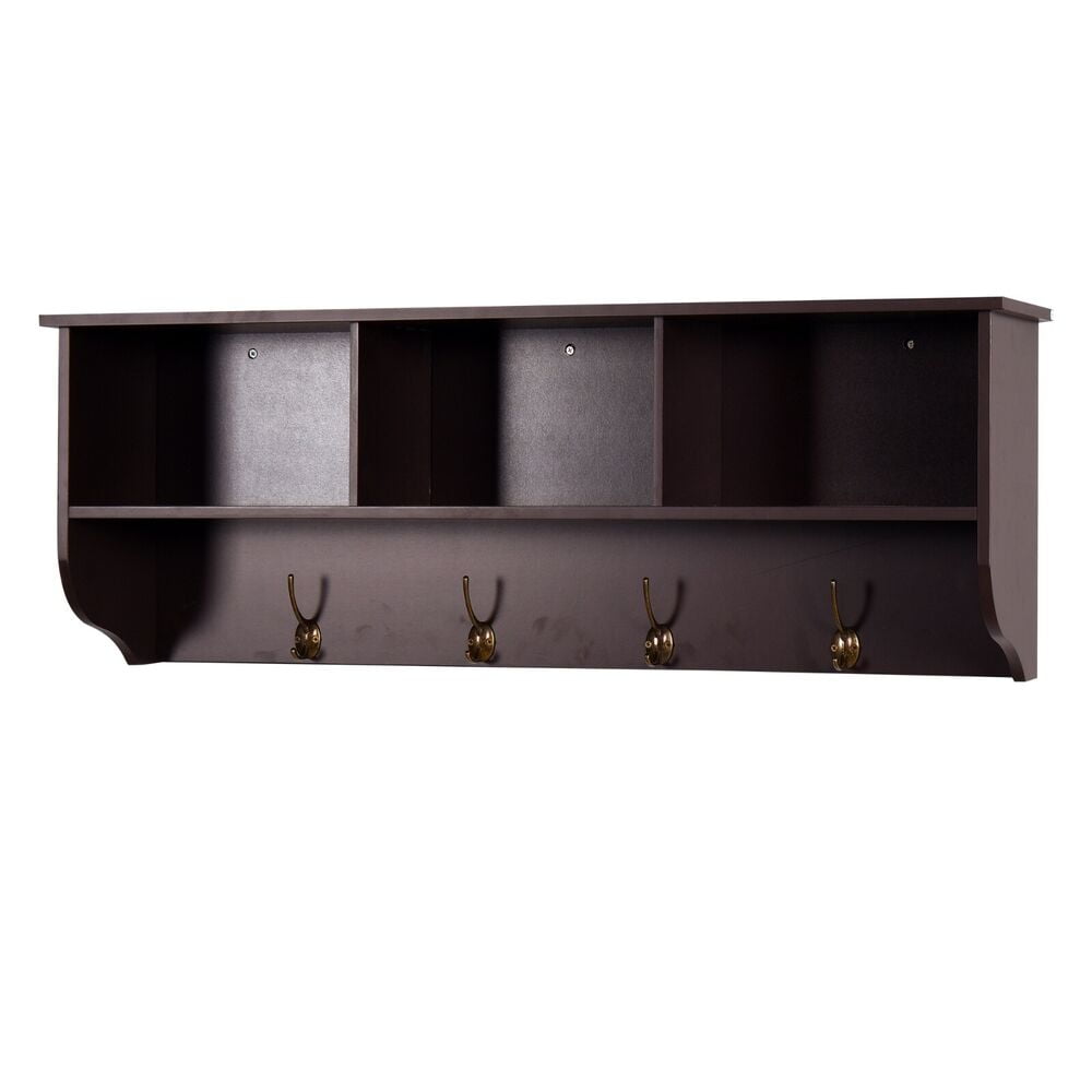 Espresso MDF Wall Mounted Coat Rack with Shelf and 4 Hooks