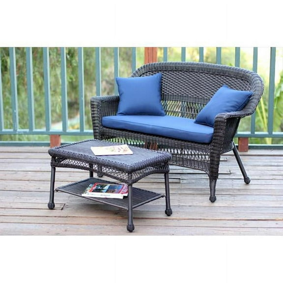 Espresso Wicker Patio Love Seat And Coffee Table Set With Blue Cushion