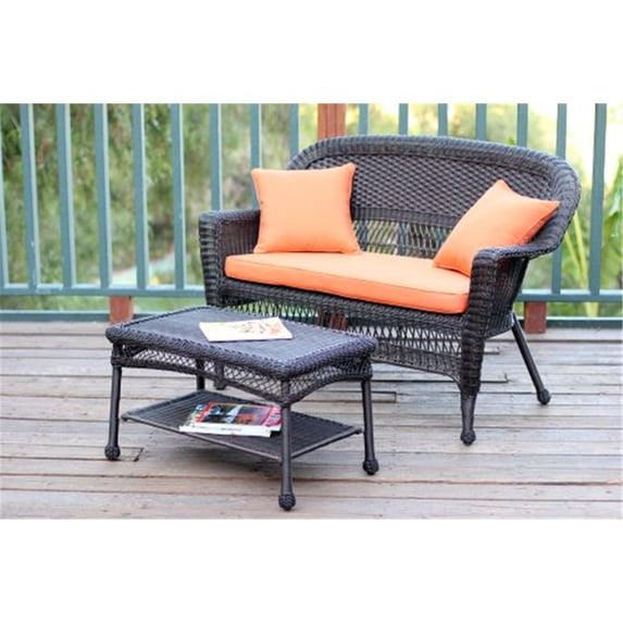 Espresso Wicker Patio Love Seat & Coffee Table Set with Orange Cushion - Jeco-Color:Orange,Material:Wicker
