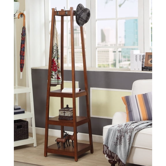 Espresso Wood Coat Rack with 3-Tier Storage Shelves for Entryway, Space Saving Stand with Hooks