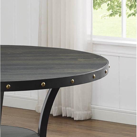 Espresso Wood Round Dining Table with Brass Nailhead Trim and Storage Shelf for Small Spaces