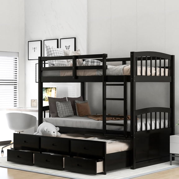 Espresso Wood Twin over Twin Bunk Bed with Pull - out Trundle and Storage Drawers / Suitable for Guest Rooms