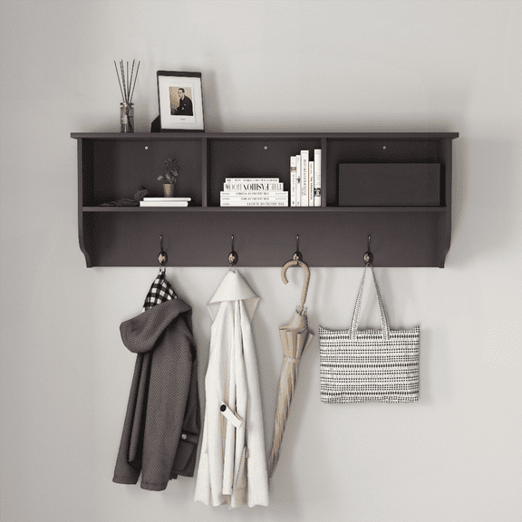Espresso Wood Wall-Mounted Entryway Storage Shelf with 4 Dual Hooks & 3 Cubbies