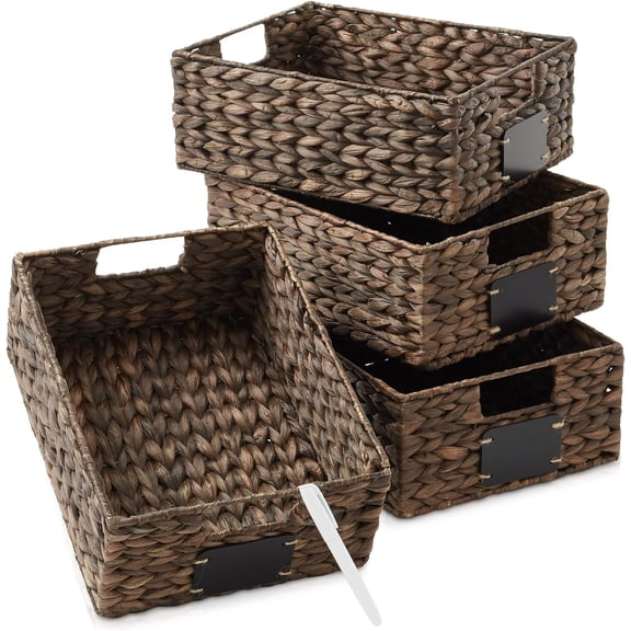 Espresso Woven Water Hyacinth Pantry Baskets Set of 4, 10135 Inch, Chalk Labels Included, Kitchen Shelf Storage Bins