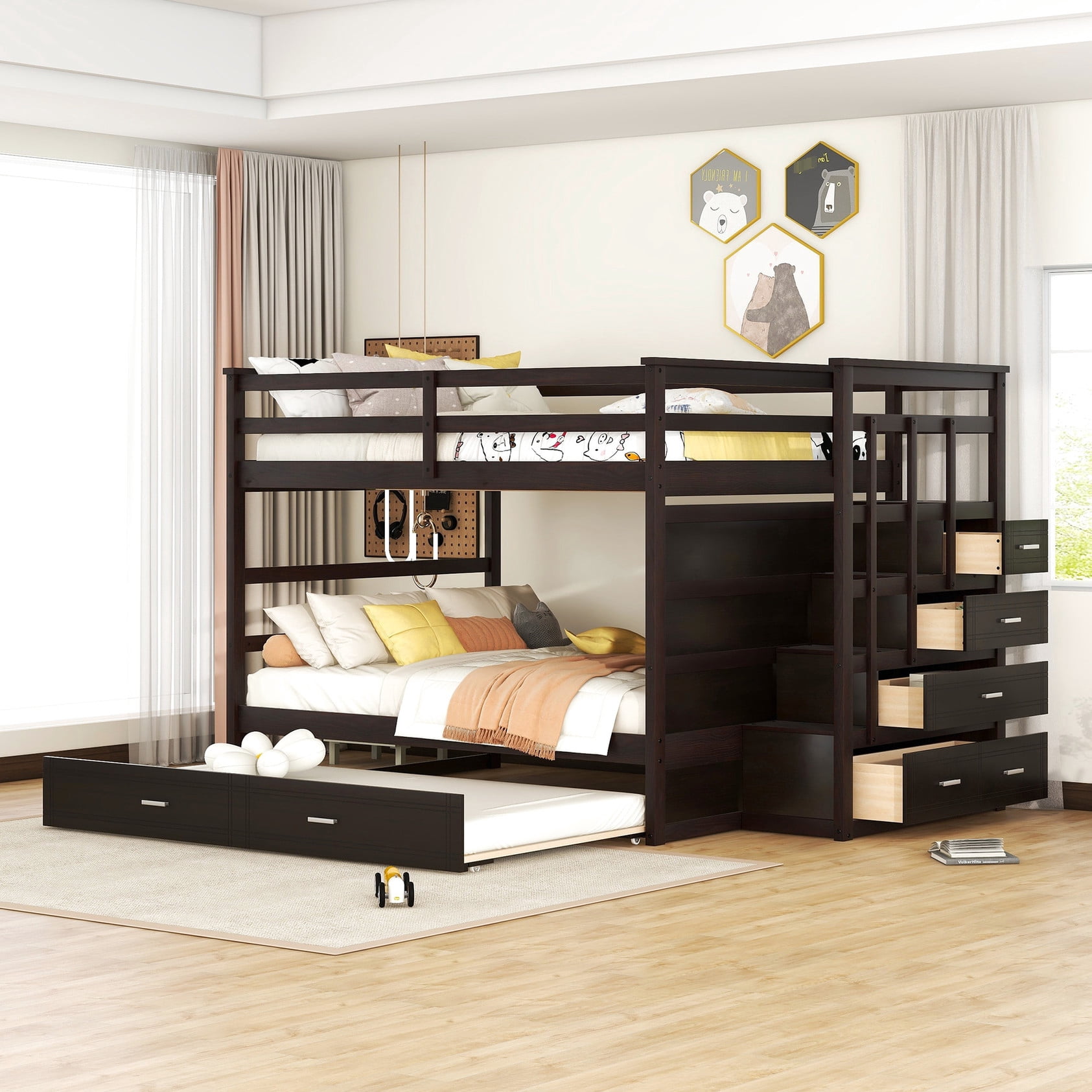Espresso bunk bed with twin trundle and stairs / Maximize bedroom