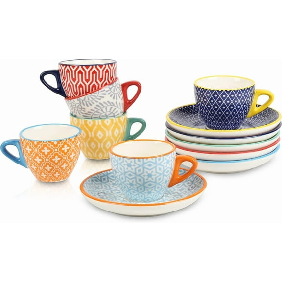 Ceramic 2 oz Espresso Cups, Small Expresso Coffee Cup Set with Saucers, Porcelain Mini Demitasse Cups for Latte Mocha Tea, Set of 6, Assorted Colors