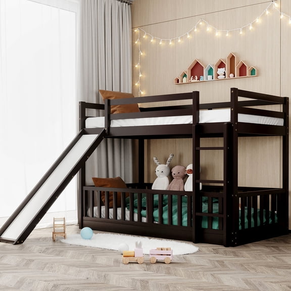 Espresso twin over twin bunk bed with adjustable ladder | Save space, provide easy access and long - term durability