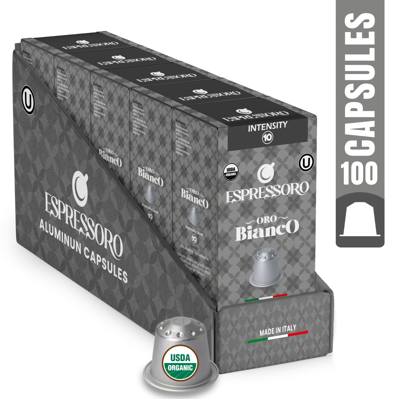 Espressoro USDA Organic Espresso Pods, 100 Oro Bianco Intensity 10
