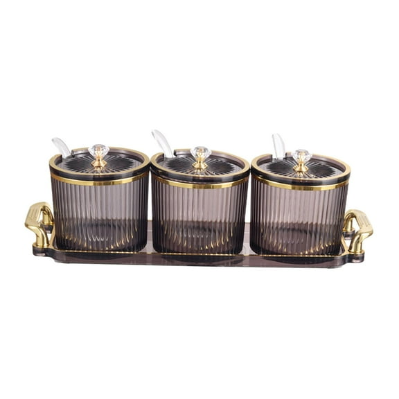 Esquirla 3x Spice Serving Jars Set Decorative Storage Seasoning Container Box with Lid Spoon and Tray Canisters Pot Set for Seasoning Black