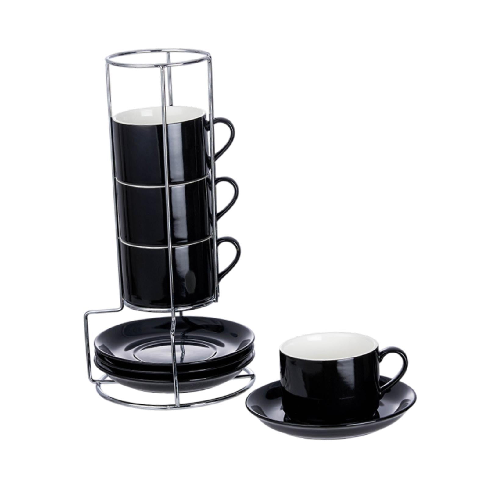 Esquirla Ceramic Espresso Cups Coffee Cups,Sturdy,Porcelain,Espresso Mugs with Saucers and Metal Stand Stackable for Cappuccino Coffee 5OZ