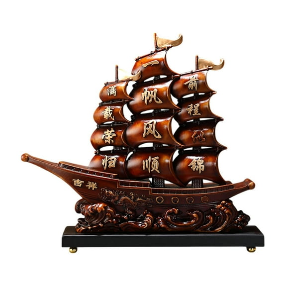 Esquirla Chinese Sailboat Statue Feng Shui Ornament, Home Decor Resin Sailing Boat Figurine Ship Model Sculpture for Study Living Room Brown
