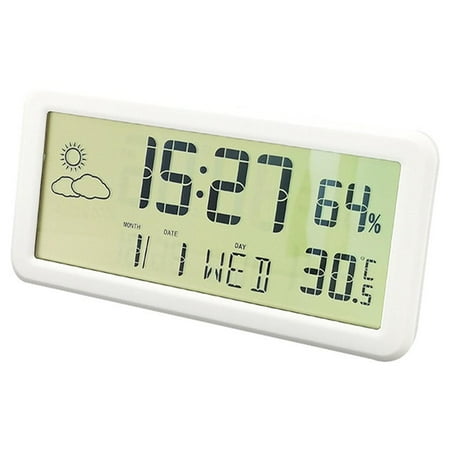 Esquirla Compact Digital with LCD Screen - Large Date & Time Display, Bedside Table Clock, Monitor Temperature & Humidity, Battery Operated Clock - White