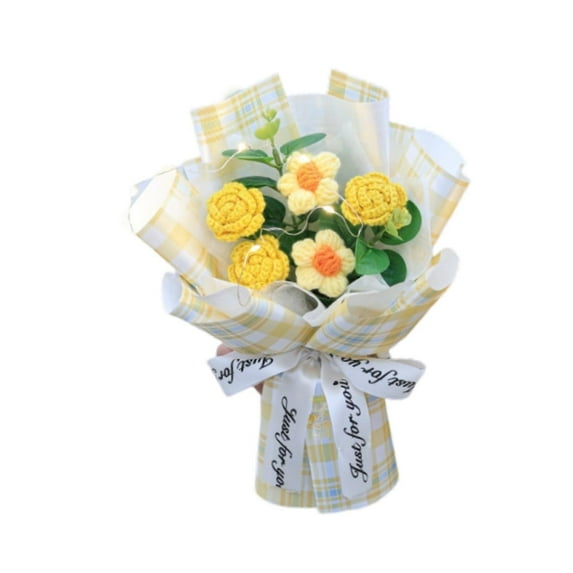 Esquirla Crochet Flowers Bouquet Home Decor with Light Strip Elegant Decorative Knitted Bouquet for Girlfriend Moms Friends Graduation Yellow