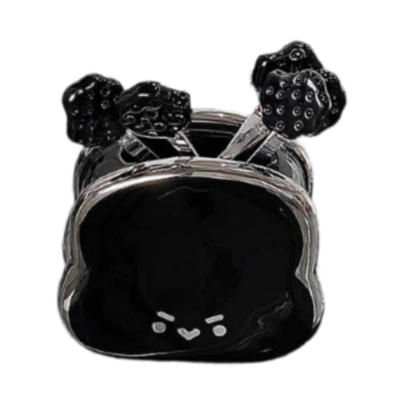 Esquirla Fruit Forks Stainless Steel Fruit Picks Fork Set with Holder Ceramic Jar Cute Cartoon Bread Shape Utensils for Cake Dessert Snacks Suitable for Party Black