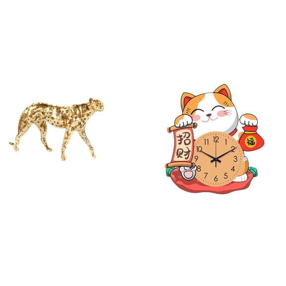 Esquirla Gold Cheetah Figurine And Wall Clock Pair with Artistic Animal Sculpture Silent Non Ticking Cat Clock Resin Desktop Ornament Unique Cat Lover Collect