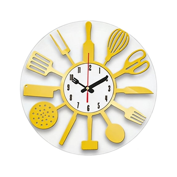 Esquirla Kitchen Wall Clock Creative Cutlery Tableware Fork Spoon Dial Acrylic Silent Non Ticking Decorative Utensil Wall Clock Suitable for Gift Giving Dining Room Restaurant Living Room Gold