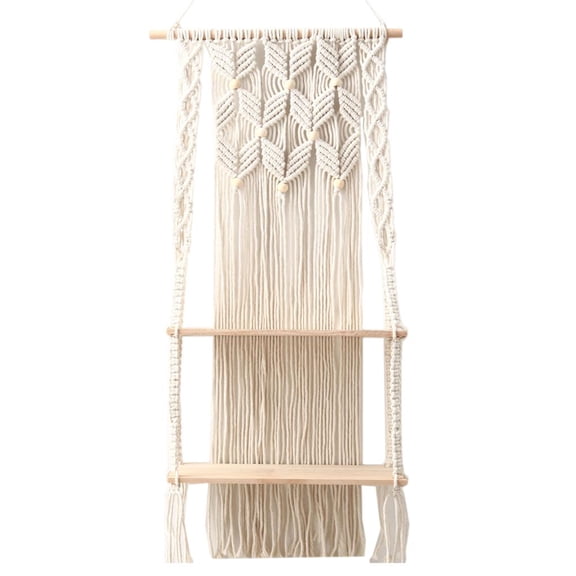 Esquirla Macrame Wall Hanging Shelf- 2 Tier Macrame Shelves Handmade Decorative Floating Shelf-Plant Shelf Display Rack to Organize and Decor for Bedroom - Log Log color plank