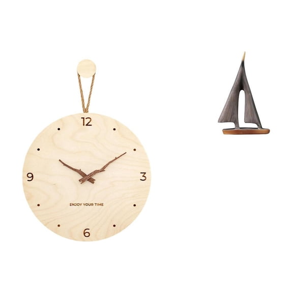 Esquirla Minimalist Modern Nordic Wood Wall Clock And Sailing Boat Decor Combination Decorative Clock And Sailboat Statue Ornament for Bedroom Office Home Hote