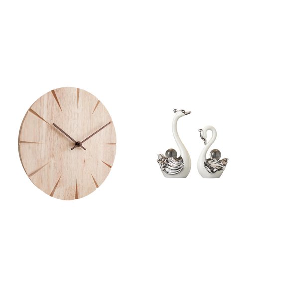 Esquirla Round Wall Clock Wooden Wall Clock Swan Sculpture Ceramic Swan Decoration Craft Artwork with Silent Movement Suitable for Living Room Bedroom Office Display