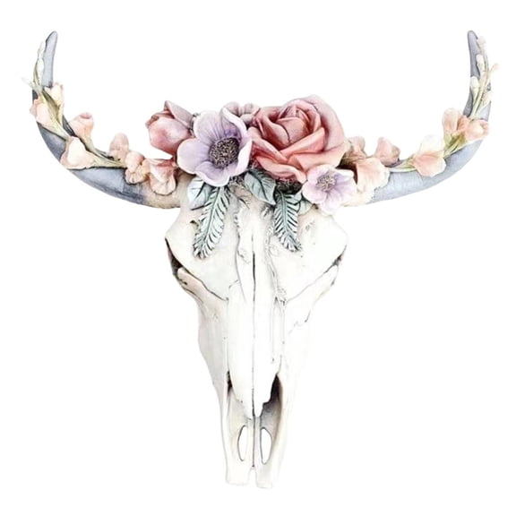 Esquirla Rustic Cow Skull Faux Taxidermy Animal Bull Hanging Sculpture Wall Mounted Plaque Figurine Resin Ornament - Flower S