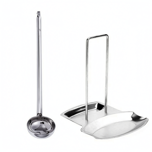 Esquirla Stainless Steel Soup Gravy Pan Ladle Dipper Kitchen Tool Utensil 90ml Pot Lid Rack double Function Holder with Rest Countertop for Home Cooks Stovetop