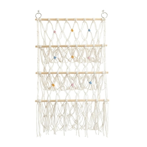 Esquirla Stuffed Animal Storage Hammock Corner Net Toy Organizer with Handwoven Cotton Rope And Wooden Accents Space Saving Over Door Design Suitable for Kids 3 Tier