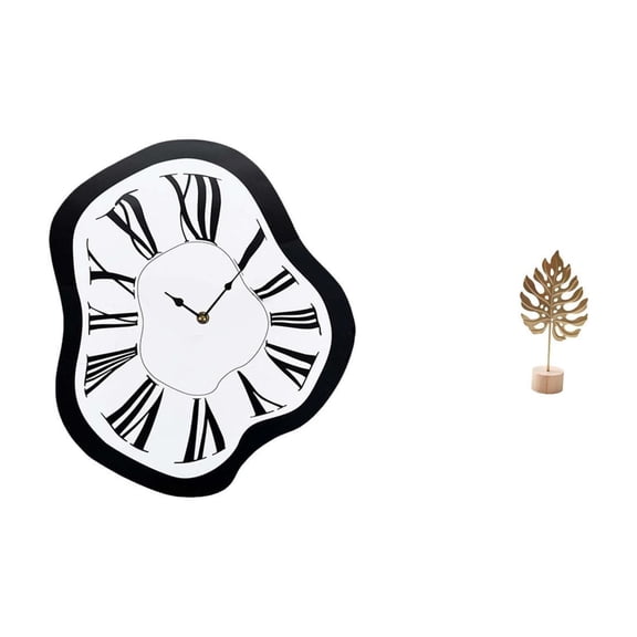 Esquirla Wall Clock Distorted Clock Melting Clock Roman Numeral Clock Leaf Sculpture Iron Wood Acrylic Portable Decorative Piece Silent Movement Suitable for Home Bedroom Office Gift
