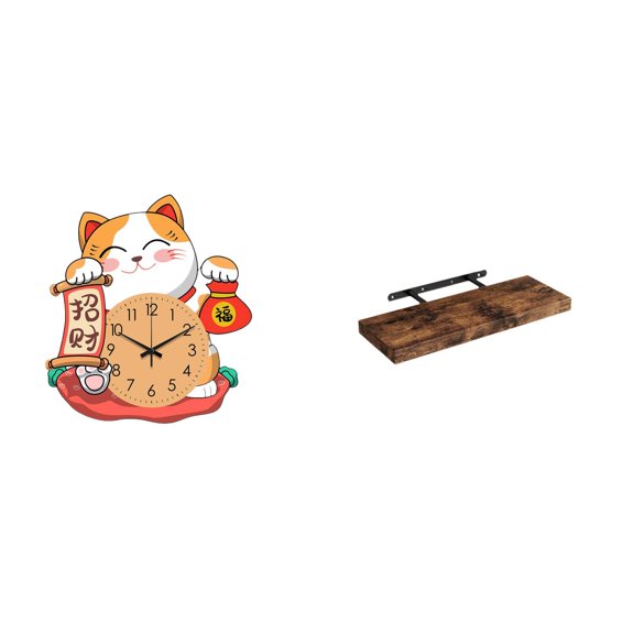 Esquirla Wall Clock Silent Non Ticking Cat Clock Floating Shelf Wooden Metal Bracket Stylish Design Wall Shelf Suitable for Living Room Kitchen Bedroom Office