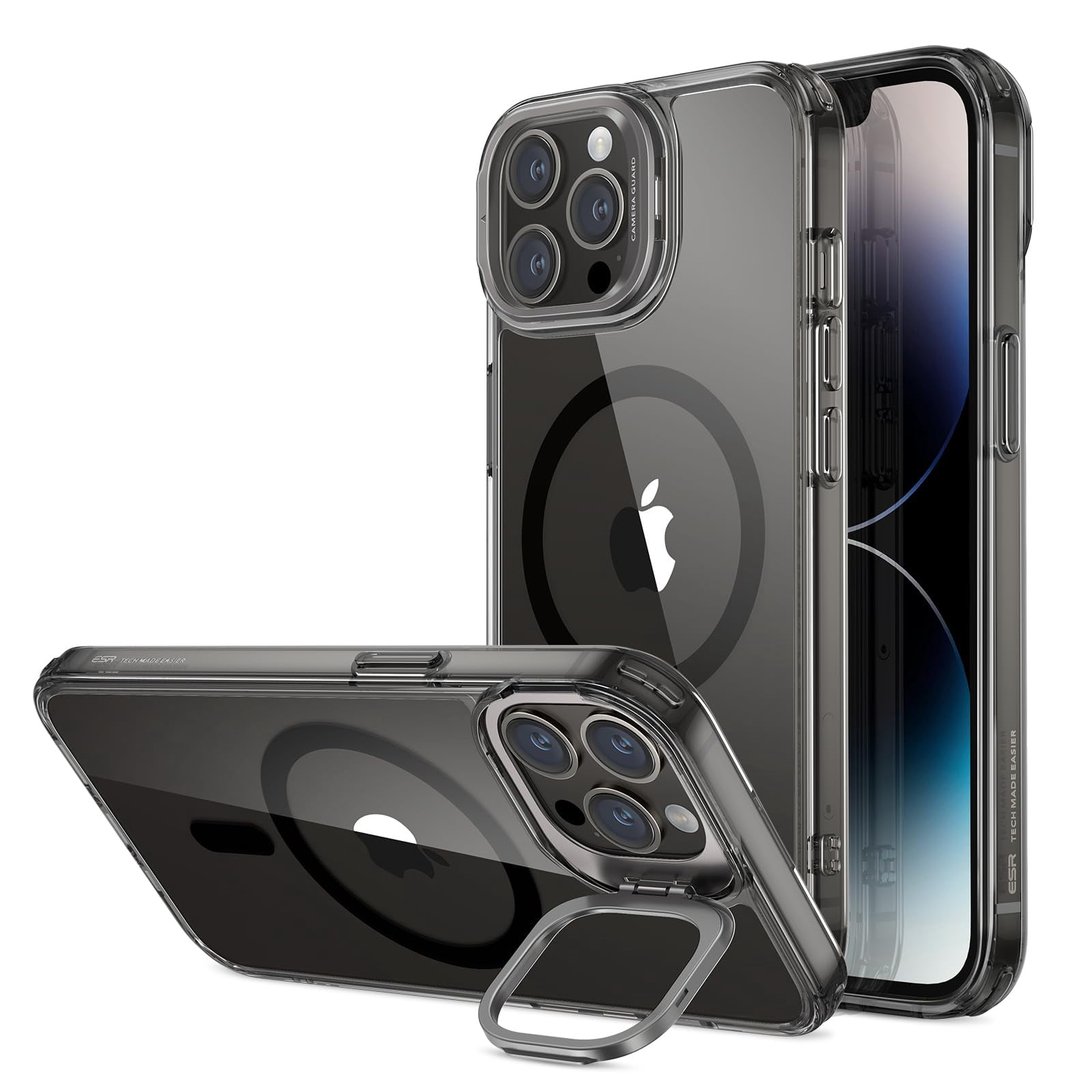 Esr Magnetic Phone Case For 14 Pro Max  Compatible With Magsafe Built-in Camera Ring Stand Military-grade Protection Classic Kickstand (halolock) Clear Black