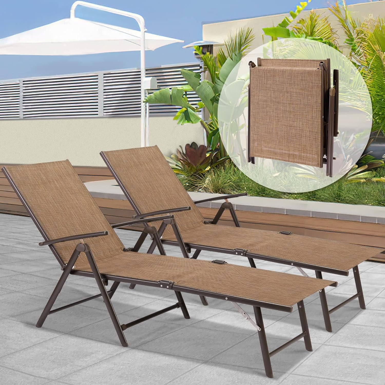 Esright Outdoor Chaise Lounge Chair, Folding Textiline Reclining Lounge