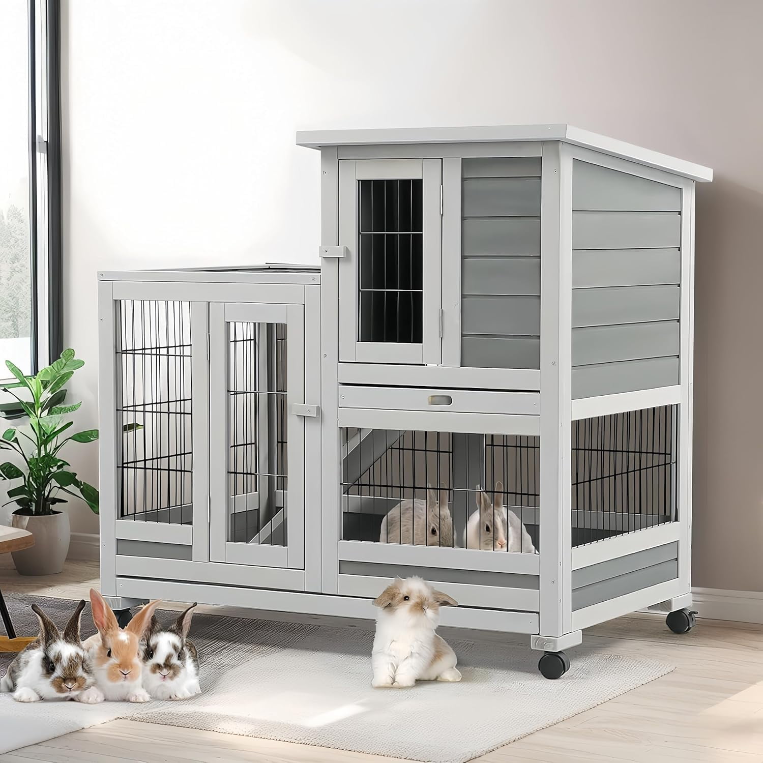 Esright Rabbit Hutch Pet House for Small Animals 37 inches Guinea Pig Cages with Run Bunny House Indoor Rabbit Cage with 4 Casters Removable No Leak Trays & Ladder