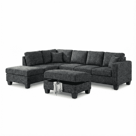 Essa Charcoal Reversible Sectional With USB Power Wood Legs And Storage Ottoman