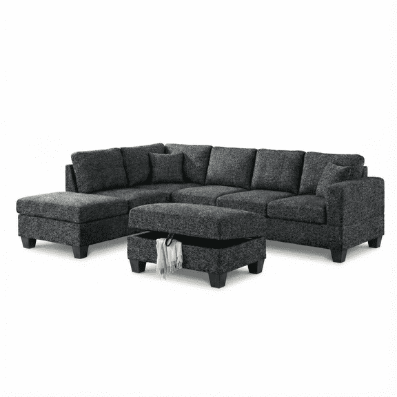 Essa Charcoal Reversible Sectional With USB Power Wood Legs And Storage Ottoman