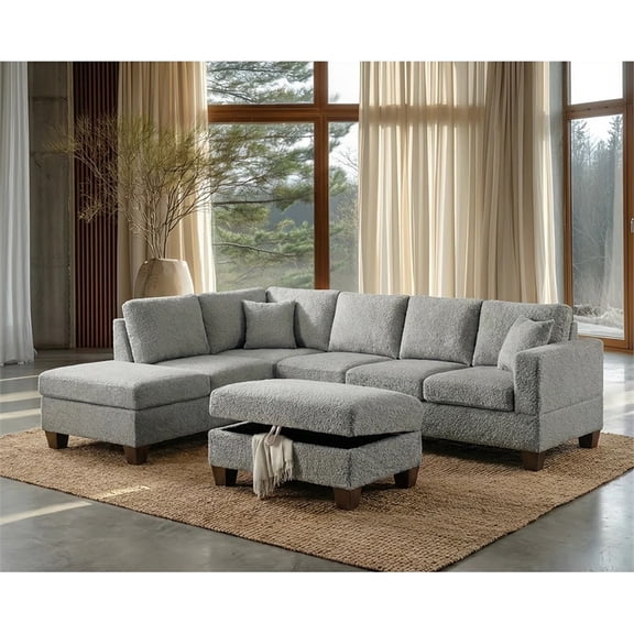 Essa Grey Reversible Sectional With USB Power Wood Legs And Storage Ottoman