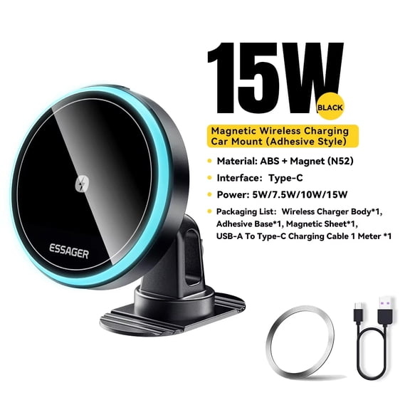 Essager Magnetic Wireless Car Charger Mount, 15W Fast Charging with 7-Color RGB Light, Compatible with iPhone 17/16/15/14/13 and Android