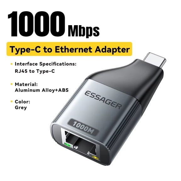 Essager USB C to Ethernet Adapter, Gigabit 1000Mbps Type C to RJ45 Wired Network Adapter for MacBook Laptop Tablet