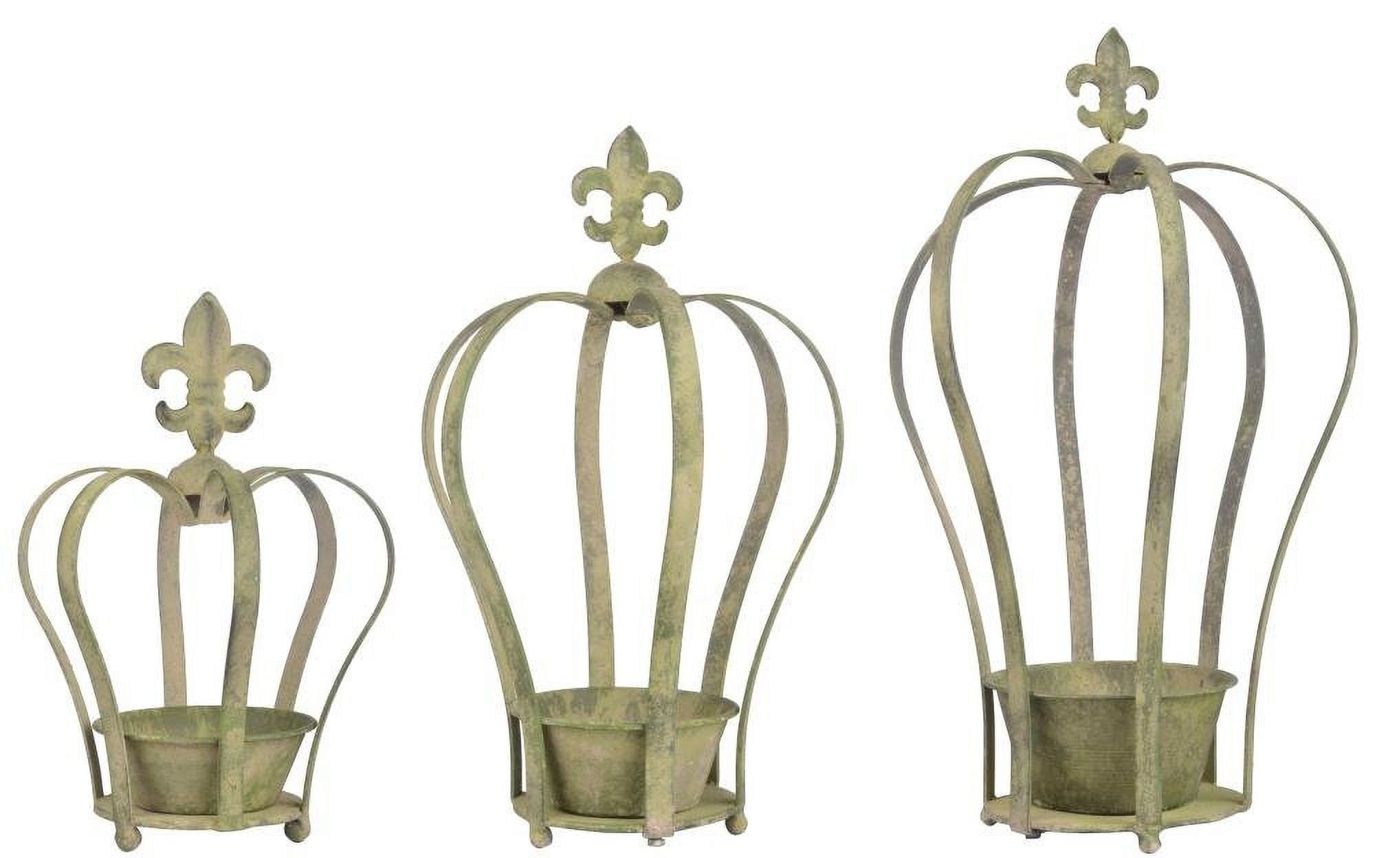 Aged Metal Green Crown Planter Set with Movable Handle