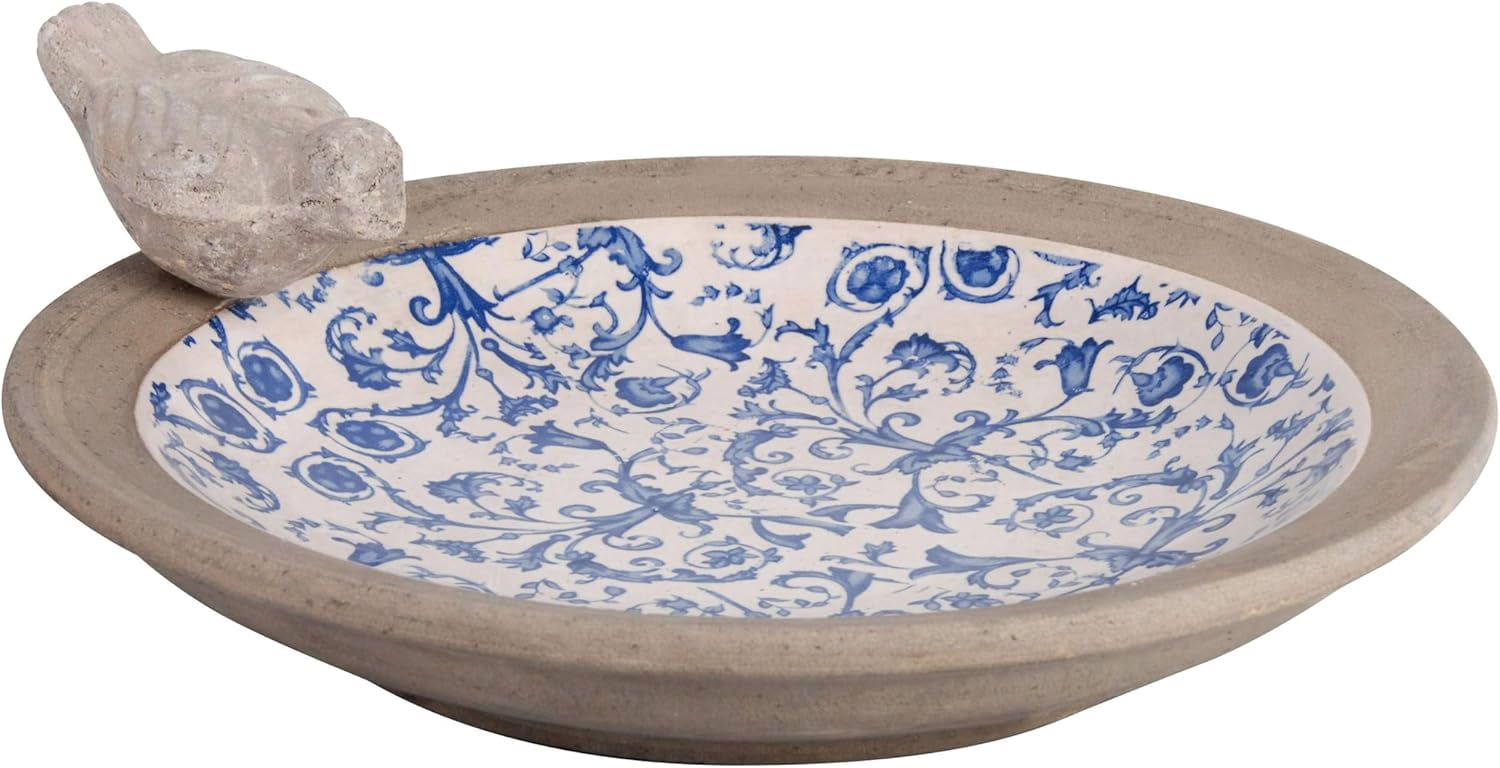 Esschert Design USA Ceramic Birdbath, 12.6 inches, Blue/White